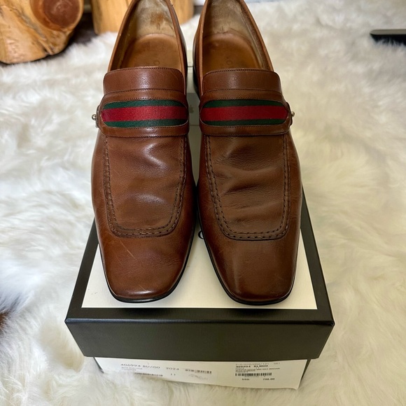 Gucci Brown Leather Loafers with Green and Red Stripes - Picture 1 of 9